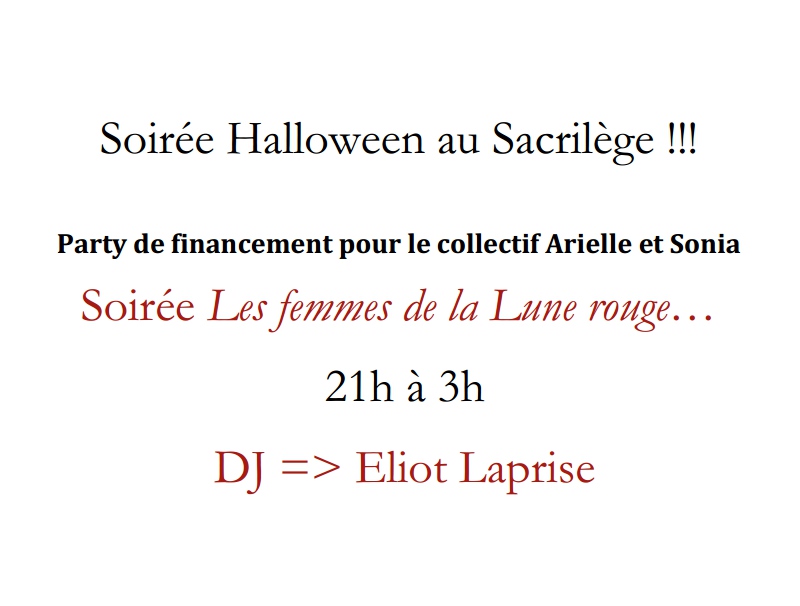 Soirée Halloween au Sacrilège !!!  Party de financement pour le collectif Arielle et Sonia