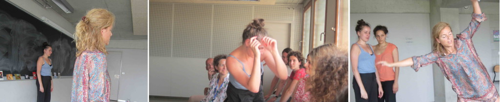 Caroline Paré, enseignante en danse au collège de Champigny; Léna Massiani et Mathilde Vrignaud, interprètes en danse à Paris. Atelier Marquer la danse - congrès IDEA - Paris.